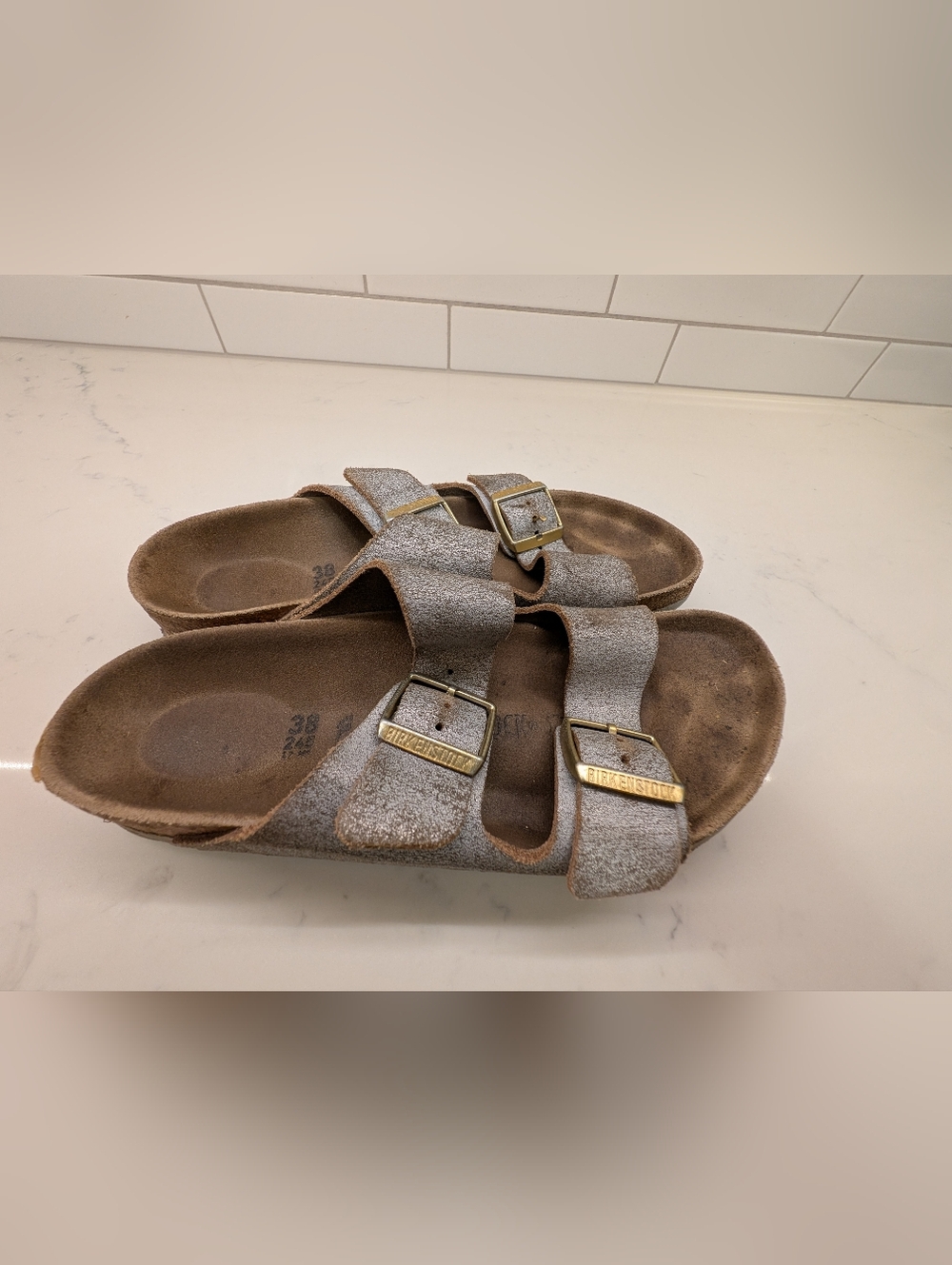 Birkenstock Arizona Soft Metallic Suede Sandals - Silver, Women's 38